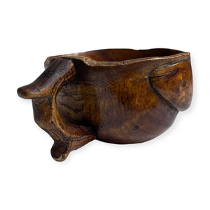 Rare Burl Canoe Cup With Relief Carved Fish