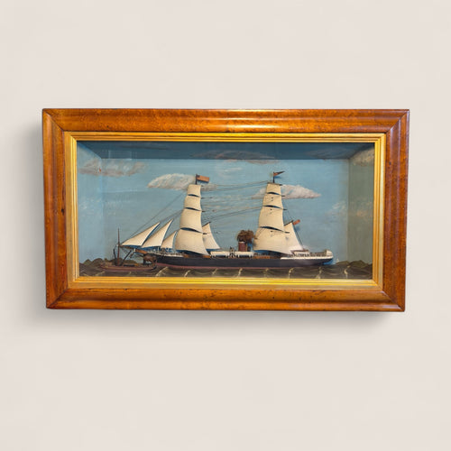 American Ship Diorama in Original Birdseye Maple Frame