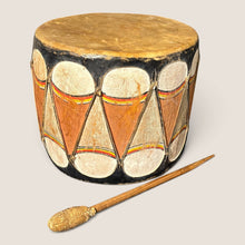 Load image into Gallery viewer, Cochiti Pueblo Polychrome-Painted Rawhide Drum with Original Beater