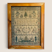 Load image into Gallery viewer, Ziebarth's Antiques 1841 hand-stitched needlepoint sampler with botanical motifs in a natural wood frame.