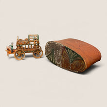 Load image into Gallery viewer, Ziebarth's Antiques 1831 hand-painted bentwood storage box and miniature wooden horse-drawn carriage folk art set.