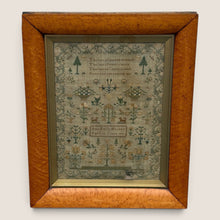 Load image into Gallery viewer, Ziebarth's Antiques 1839 antique needlepoint sampler with floral motifs in a warm-toned burl wood frame.