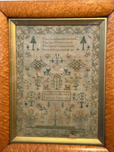 Load image into Gallery viewer, Ziebarth's Antiques 1839 needlepoint sampler in a burl wood frame with floral motifs and verse in green and gold.