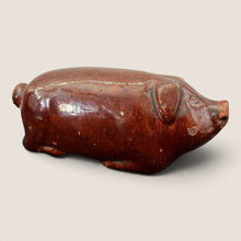 Load image into Gallery viewer, Ziebarth's Antiques vintage brown glazed ceramic pig figurine with a rustic, weathered folk art finish.