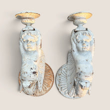 Load image into Gallery viewer, Ziebarth's Antiques pair of vintage-style cast iron cherub wall sconces with a distressed white finish.