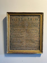 Load image into Gallery viewer, Ziebarth's Antiques religious needlepoint sampler on linen with cross-stitch verse in an ornate gold-toned wood frame.