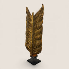 Load image into Gallery viewer, Ziebarth's Antiques golden carved feather sculpture with intricate texture on a minimalist black square base.