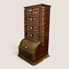 Load image into Gallery viewer, Ziebarth's Antiques handcrafted dark wood apothecary chest with chip-carved details, white ceramic knobs, and heart motifs.