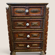 Load image into Gallery viewer, Ziebarth's Antiques handcrafted dark wood apothecary chest with four drawers, intricate chip carving, and white knobs.