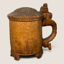 Load image into Gallery viewer, Ziebarth's Antiques hand-carved burl wood tankard with a lid, lion-accented handle, and three decorative feet.