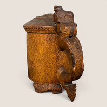 Load image into Gallery viewer, Ziebarth's Antiques hand-carved burl wood tankard with a lid, featuring a lion-accented handle and three carved feet.
