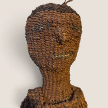 Load image into Gallery viewer, Ziebarth's Antiques handwoven brown fiber figurine with intricate knotting and rustic artisanal facial features.