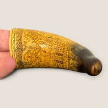 Load image into Gallery viewer, Ziebarth's Antiques hand-carved scrimshaw powder horn featuring intricate historical etchings and animal head terminal.