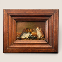 Load image into Gallery viewer, Ziebarth's Antiques vintage oil painting of three kittens in a straw-filled barn, set in a dark wooden frame.