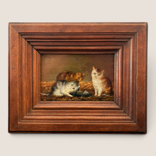 Load image into Gallery viewer, Ziebarth's Antiques vintage oil painting of three kittens in a rustic straw setting with a deep-toned wooden frame.