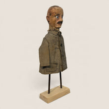 Load image into Gallery viewer, Ziebarth's Antiques vintage handcrafted wooden puppet with blue glass eyes, hand-painted mustache, and weathered coat.