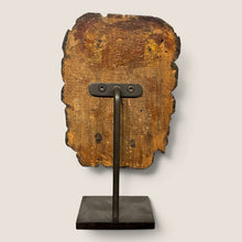 Load image into Gallery viewer, Back view of a Ziebarth's Antiques hand-carved wooden Green Man sculpture mounted on a black metal display stand.