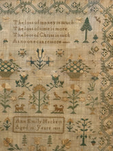 Load image into Gallery viewer, Ziebarth's Antiques 1839 needlepoint sampler featuring floral motifs, animals, and verse in soft green and gold tones.