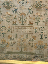 Load image into Gallery viewer, Ziebarth's Antiques 1839 needlepoint sampler with floral motifs and animal figures in muted green and gold tones.