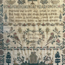 Load image into Gallery viewer, Ziebarth's Antiques 1841 hand-stitched needlepoint sampler featuring philosophical verse, birds, and botanical motifs.