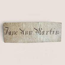 Load image into Gallery viewer, Ziebarth's Antiques 1841 needlepoint sampler featuring the name Jane Ann Martin in elegant black calligraphy on linen.