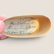 Load image into Gallery viewer, Ziebarth's Antiques 1831 antique bentwood box interior showing a handwritten historical note on aged paper