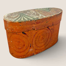 Load image into Gallery viewer, Ziebarth's Antiques 1831 oval bentwood storage box with weathered orange patina and hand-painted green spiral motifs