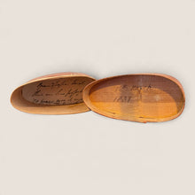 Load image into Gallery viewer, Ziebarth's Antiques 1831 antique oval bentwood box with handwritten historical notes inside the lid and base