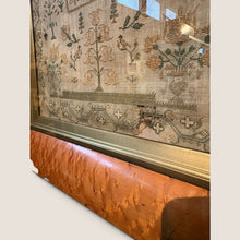 Load image into Gallery viewer, Ziebarth's Antiques 1839 needlepoint sampler in a burl wood frame featuring muted green and gold floral embroidery.