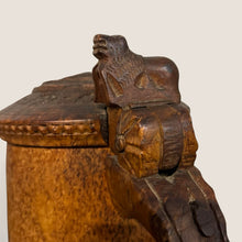 Load image into Gallery viewer, Ziebarth's Antiques hand carved burl wood tankard featuring a detailed lion figure on the lid hinge