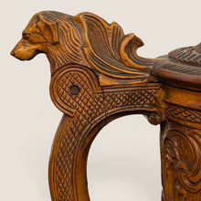 Load image into Gallery viewer, Ziebarth's Antiques hand-carved wooden beer stein featuring an ornate dog-head handle and intricate scrollwork detail.