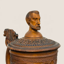 Load image into Gallery viewer, Ziebarth's Antiques hand-carved wooden beer stein featuring a sculpted male bust finial and ornate lid detail.