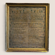 Load image into Gallery viewer, Ziebarth's Antiques vintage religious needlepoint sampler with cross-stitch text in an ornate gold-toned wooden frame.