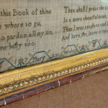 Load image into Gallery viewer, Ziebarth's Antiques religious needlepoint sampler on linen with cross-stitch verse in an ornate gold-toned wood frame