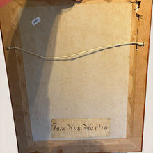 Load image into Gallery viewer, Back view of Ziebarth's Antiques framed needlepoint sampler showing paper backing and Jane Ann Martin signature label