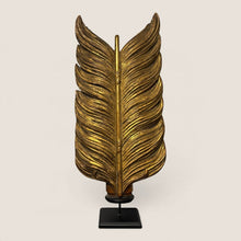 Load image into Gallery viewer, Ziebarth's Antiques golden carved feather sculpture with intricate texture mounted on a minimalist black square base.