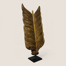 Load image into Gallery viewer, Ziebarth's Antiques golden carved feather sculpture with intricate texture on a minimalist black stand