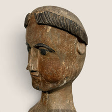 Load image into Gallery viewer, Ziebarth's Antiques hand-carved wooden bust with weathered patina and stoic facial features in a side profile view.