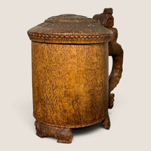 Load image into Gallery viewer, Ziebarth's Antiques hand carved burl wood tankard with a lid, featuring a lion-accented handle and three carved feet.