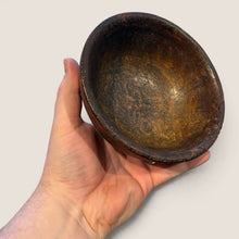 Load image into Gallery viewer, Ziebarth's Antiques handcrafted burl wood bowl with deep brown tones and intricate grain held in a hand