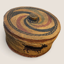 Load image into Gallery viewer, Ziebarth's Antiques handwoven lidded basket with earthy brown and ochre spiral patterns and animal motifs