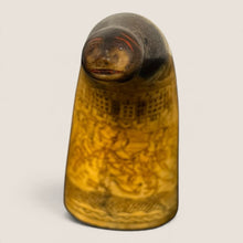 Load image into Gallery viewer, Ziebarth's Antiques hand-carved scrimshaw horn featuring intricate historical etchings and a sculpted animal head.