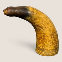 Load image into Gallery viewer, Ziebarth's Antiques hand-carved scrimshaw powder horn featuring intricate historical etchings and animal head terminal.
