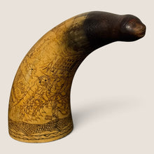 Load image into Gallery viewer, Ziebarth's Antiques hand-carved scrimshaw powder horn with detailed historical etchings and a sculpted animal head.