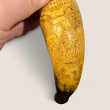 Load image into Gallery viewer, Ziebarth's Antiques hand-carved scrimshaw powder horn featuring detailed historical and wildlife etchings on natural horn