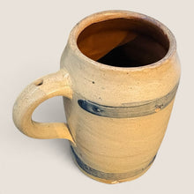 Load image into Gallery viewer, Ziebarth's Antiques salt-glazed stoneware beer mug in beige with cobalt blue horizontal banding and sturdy handle.