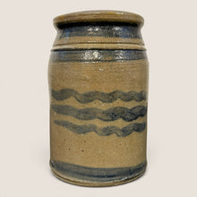 Load image into Gallery viewer, Ziebarth's Antiques vintage stoneware crock with tan glaze and hand-painted cobalt blue wave motifs.