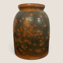 Load image into Gallery viewer, Ziebarth's Antiques handcrafted stoneware crock with charcoal and amber speckled glaze in a rustic cylindrical design.