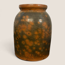 Load image into Gallery viewer, Ziebarth's Antiques handcrafted stoneware crock with charcoal and amber speckled glaze and a thick rustic rim.