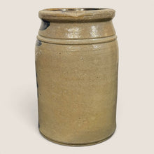 Load image into Gallery viewer, Ziebarth's Antiques vintage stoneware crock with tan glaze and hand-painted cobalt blue wave motifs.